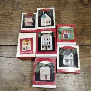 SEVEN Hallmark Nostalgic House Shop Series Keepsake Ornaments Church Drugstore